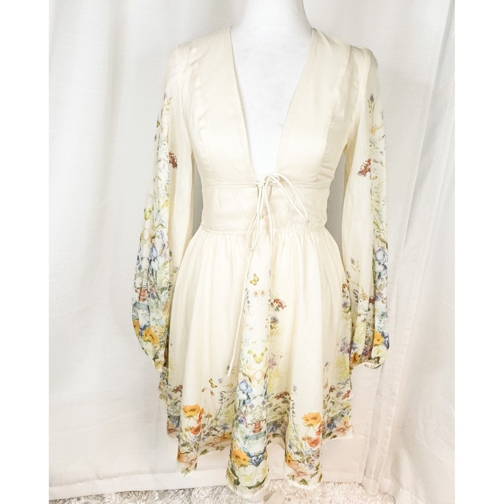 Commense Dress XS Ivory Floral Long Sleeve Tie Front Mini Fit Flare Chiffon NWT